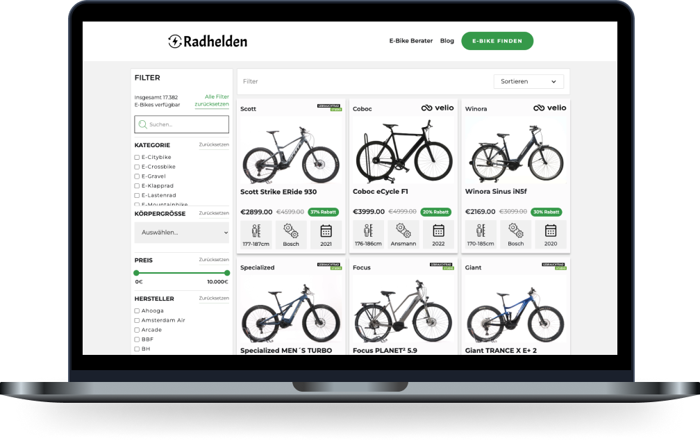 Radhelden E-Bike Suche in Laptop